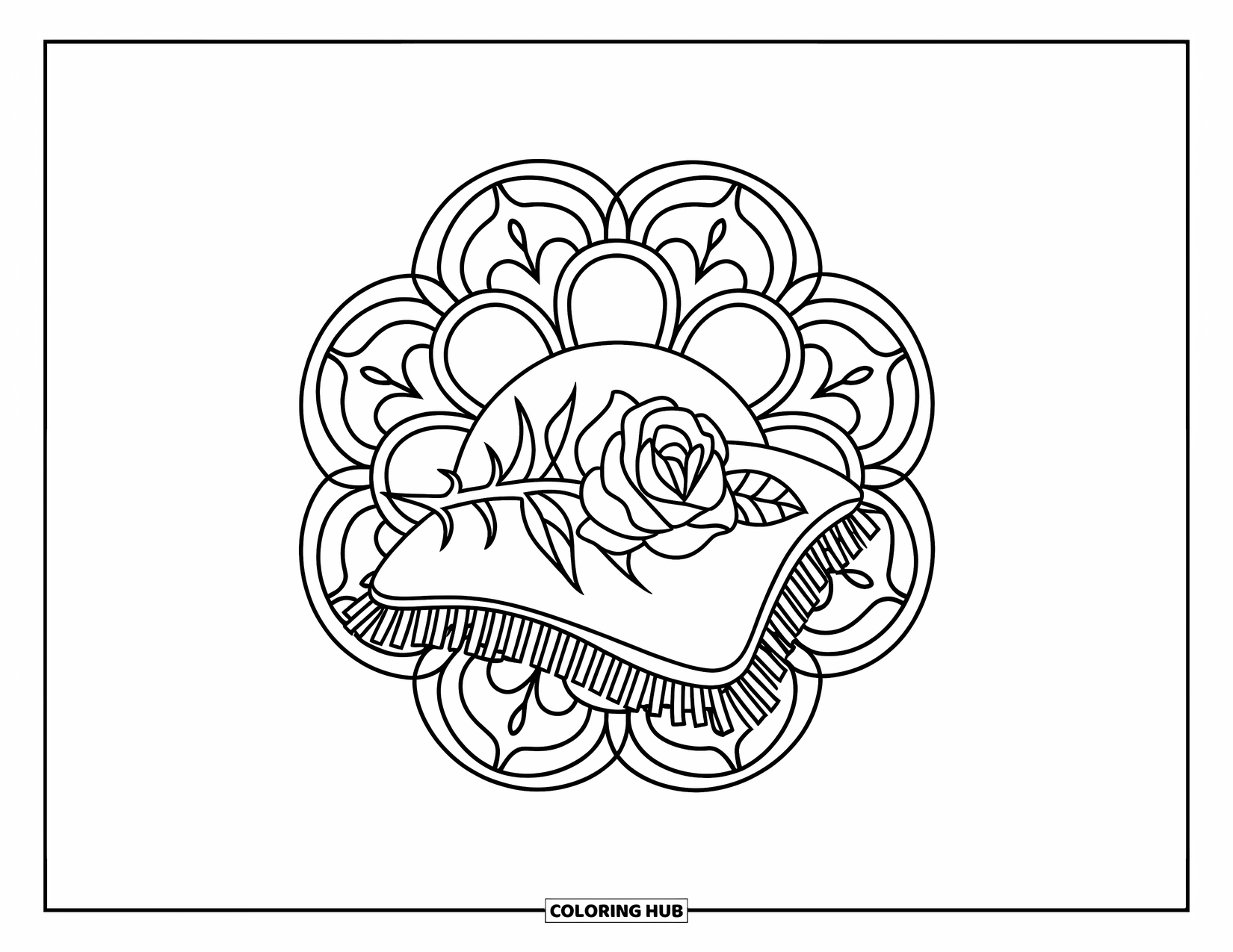 Rose Mandala Coloring Page for Kids: Rose rests on a pillow inside a swirling flower-shaped mandala frame