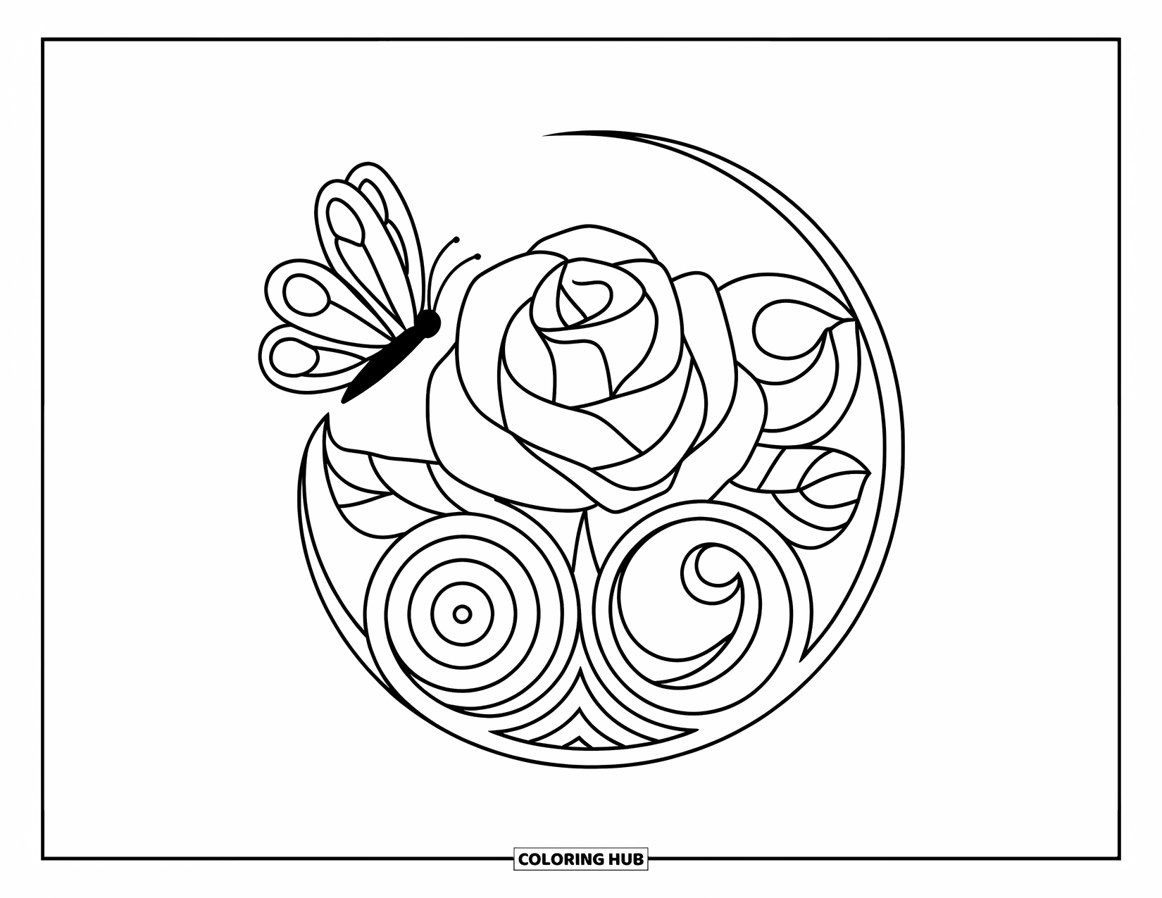 Rose Mandala Coloring Page for Kids: Rose with butterflies and leaf spirals arranged in a circular design