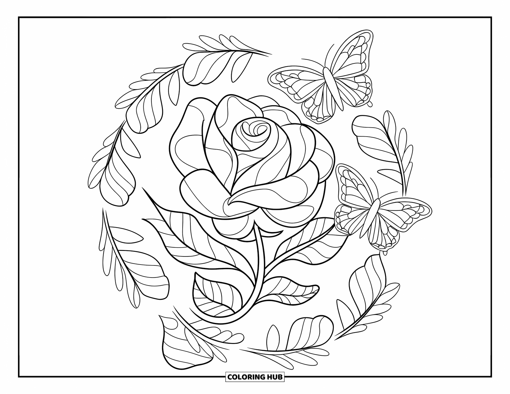 Rose Mandala Coloring Page for Kids: Rose with butterfly accents and spiraled leafy vines