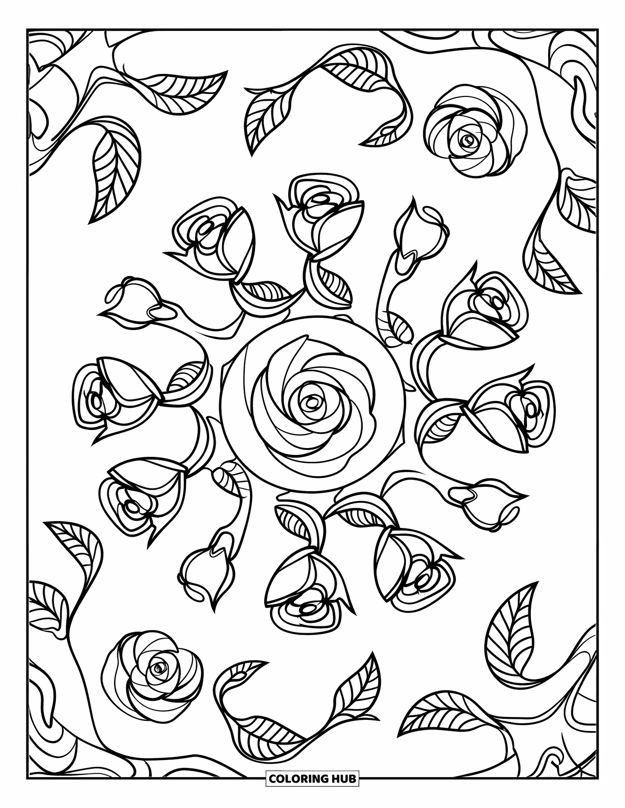 Rose Mandala Coloring Page for Kids: Rosebud mandala with curling leaf patterns in every layer