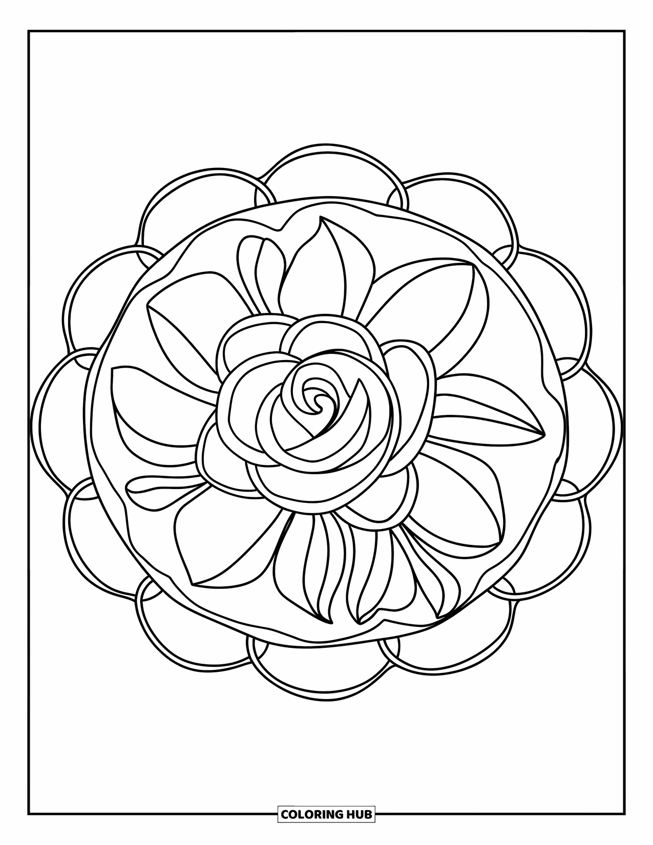 Rose Mandala Coloring Page for Kids: Rosebud sits at the center of gentle, loopy mandala layers