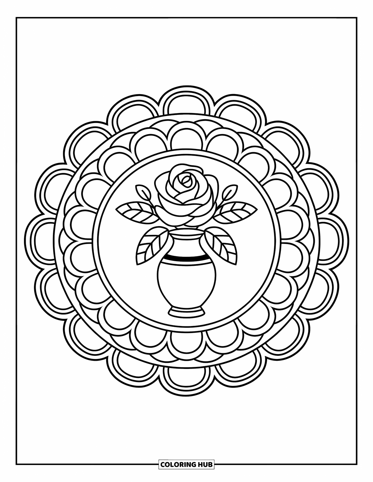 Rose Mandala Coloring Page for Kids: Scalloped petals circle a vase with a blooming rose