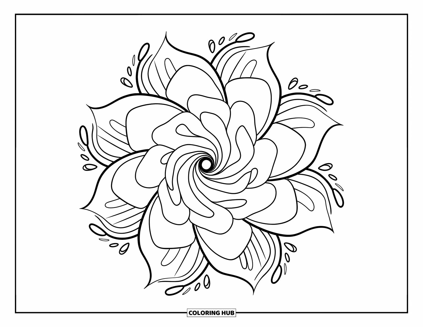 Rose Mandala Coloring Page for Kids: Swirling rose mandala with dotted flourishes and layered petals
