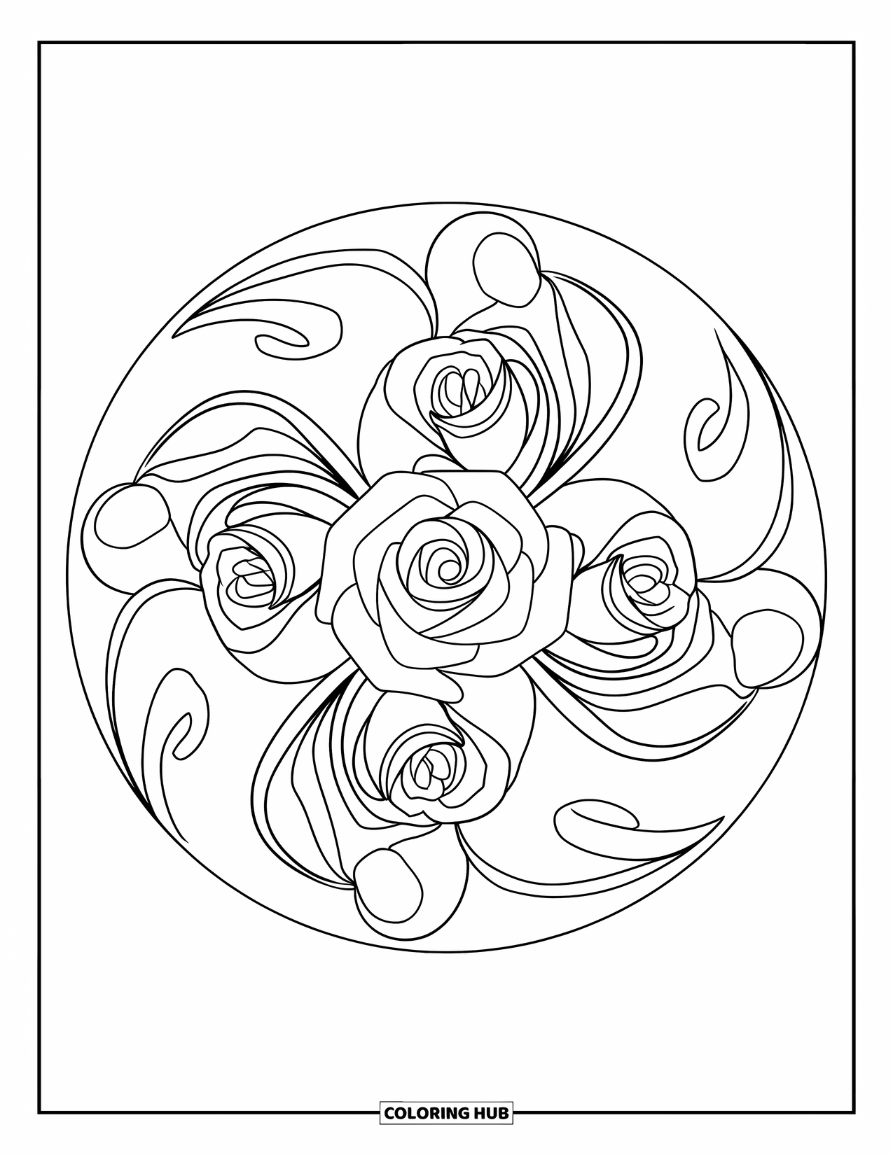 Rose Mandala Coloring Page for Kids: Three roses and layered petal rings create a circular mandala