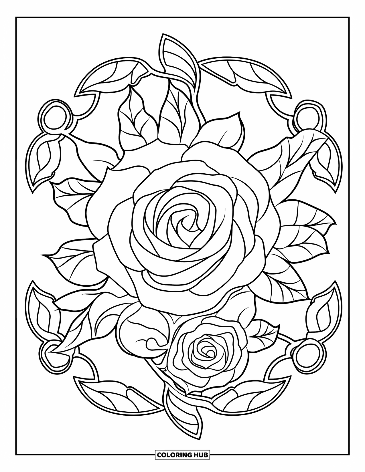 Rose Mandala Coloring Page for Kids: Two roses and leafy loops create a sweet floral mandala