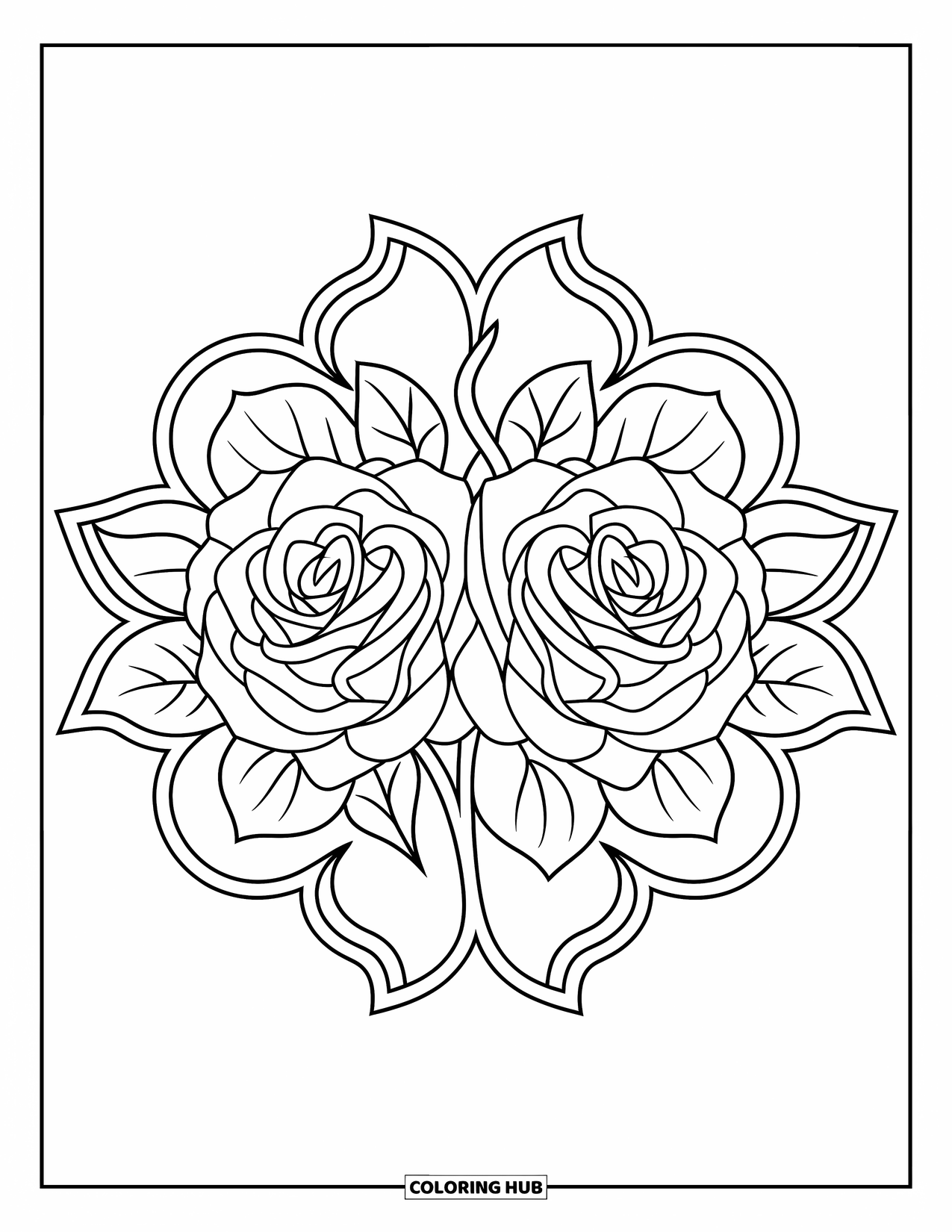 Rose Mandala Coloring Page for Kids: Two roses sit at the center of leafy loops in a soft mandala design
