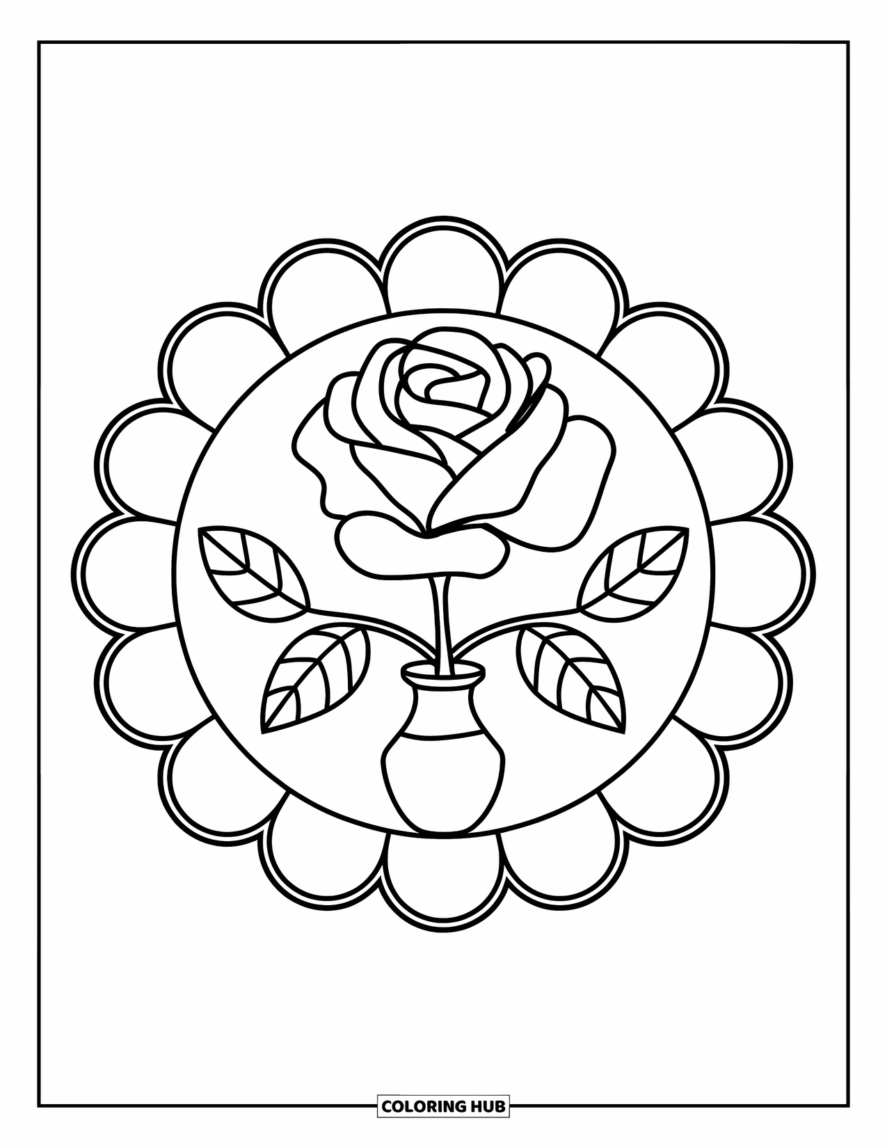 Rose Mandala Coloring Page for Kids: Vase and rose surrounded by bold scalloped petal rings