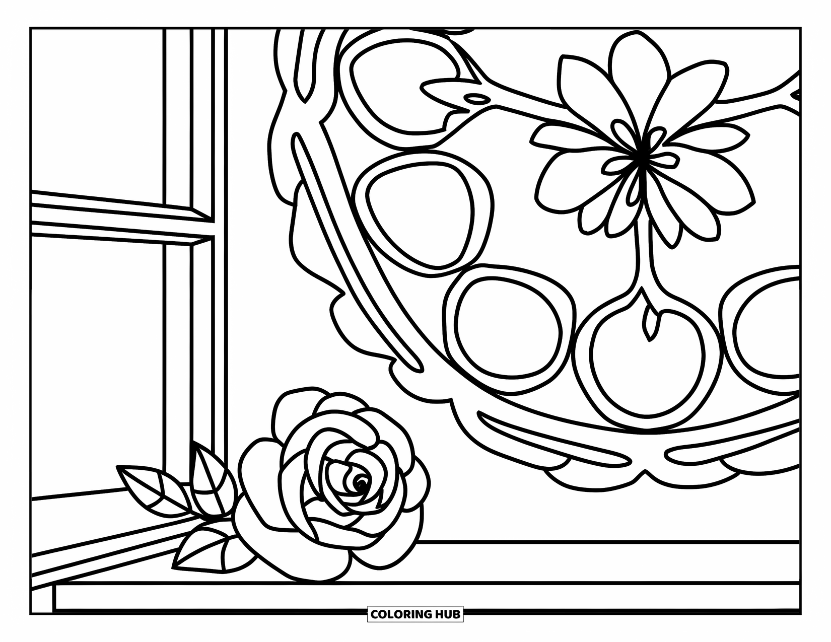 Rose Mandala Coloring Page for Kids: Window ledge rose surrounded by floral loops and heart-shaped curves