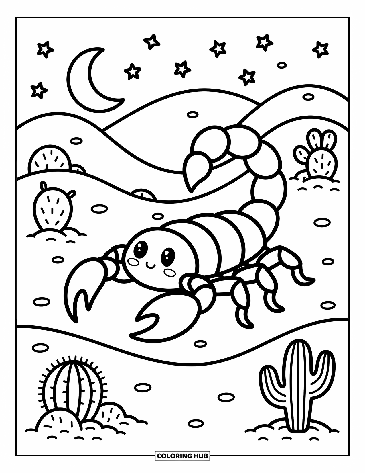 Scorpion Coloring Page for Adults: Playful scorpion walks across moonlit dunes with stars, cacti, and soft desert shapes