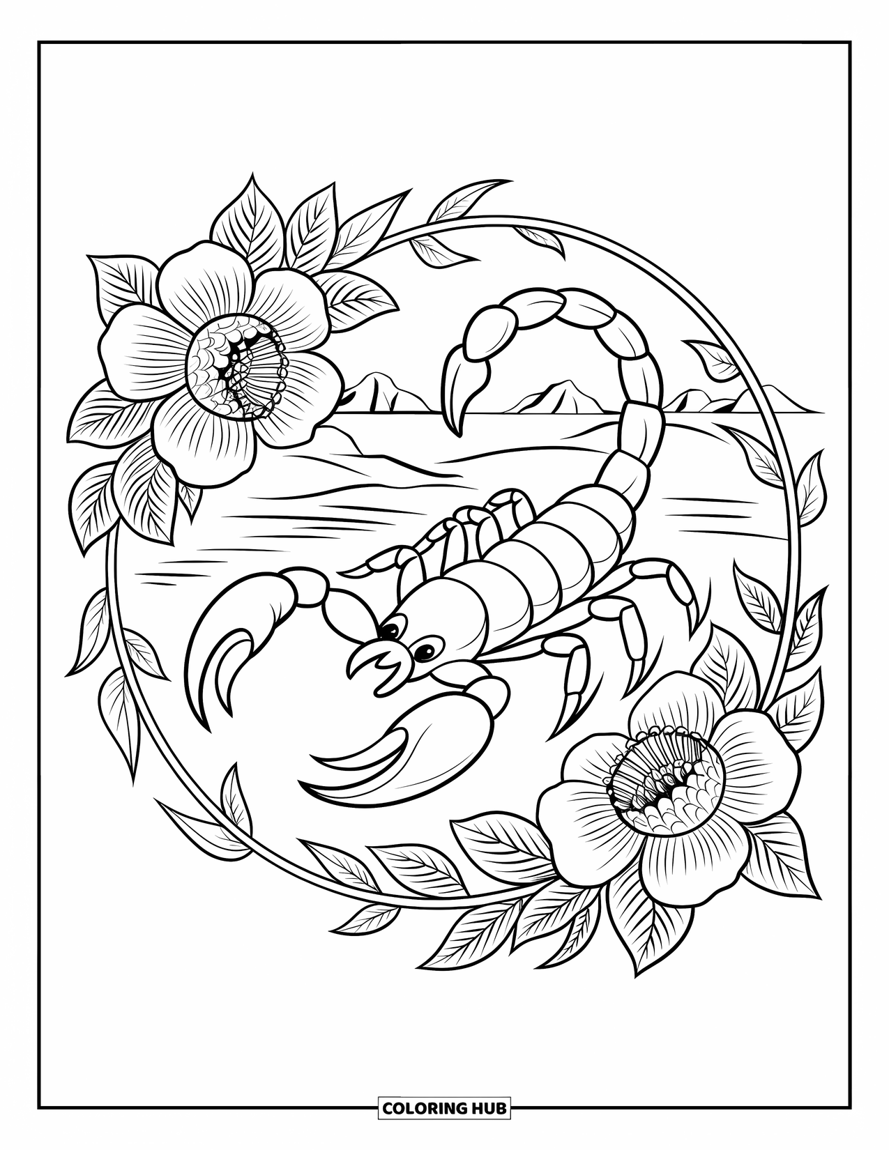 Scorpion Coloring Page for Adults: Scorpion among swirling vines and desert flowers with mountains behind
