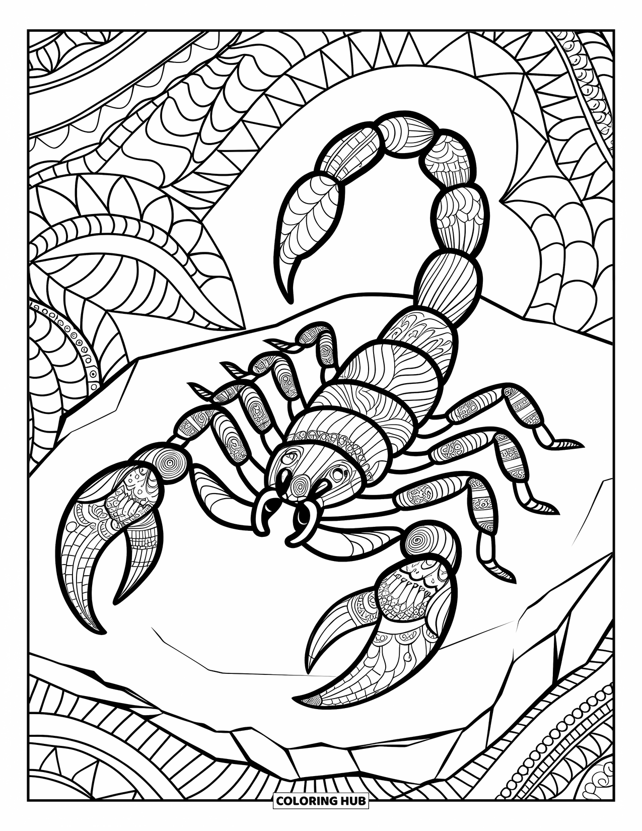Scorpion Coloring Page for Adults: Scorpion on a rock with ornate, detailed patterns all around