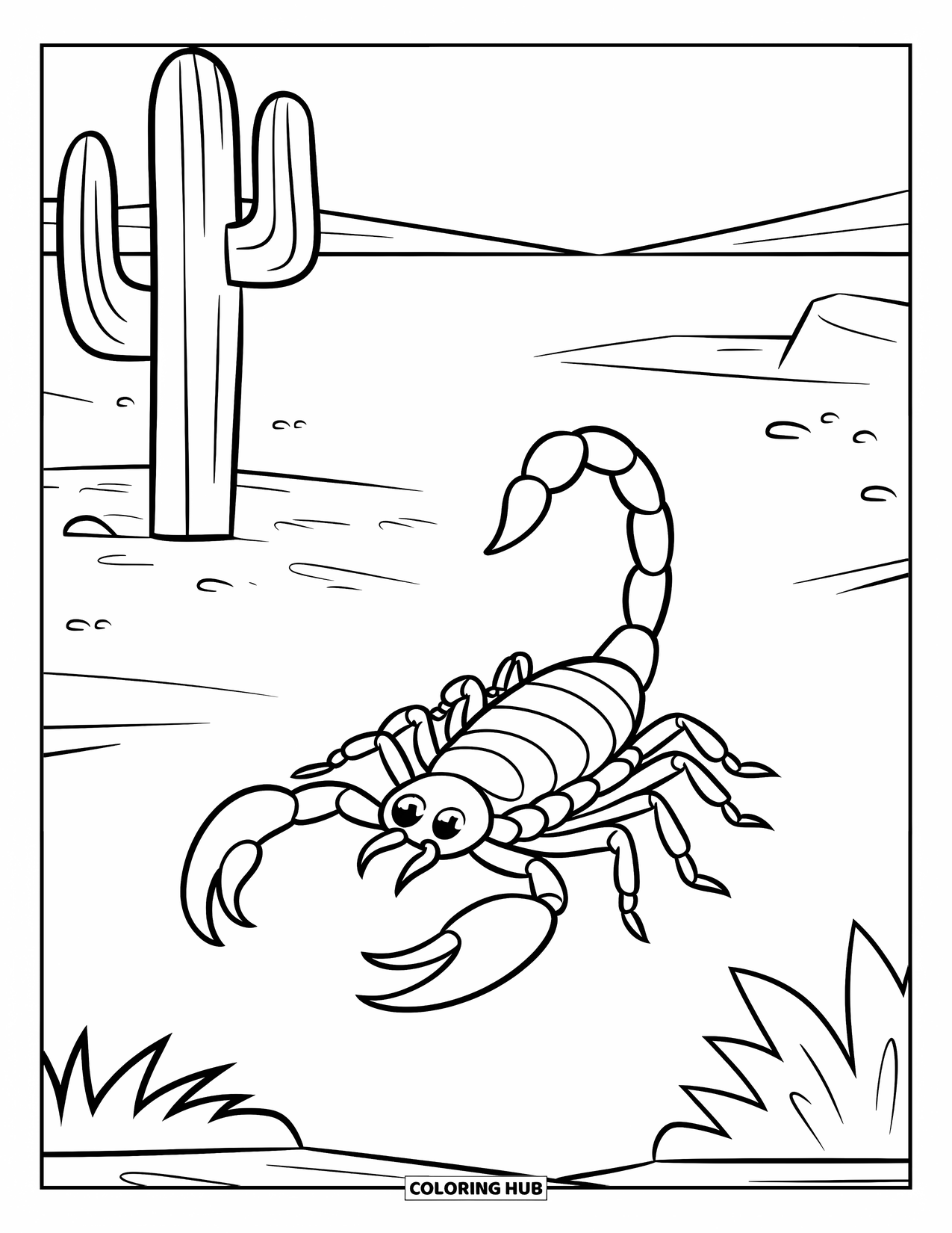 Scorpion Coloring Page for Kids: Scorpion exploring the sandy desert with a single cactus nearby