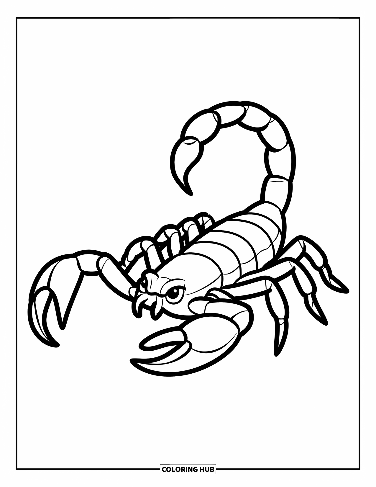 Scorpion Coloring Page for Kids: Scorpion in a defensive pose with tail high and claws wide