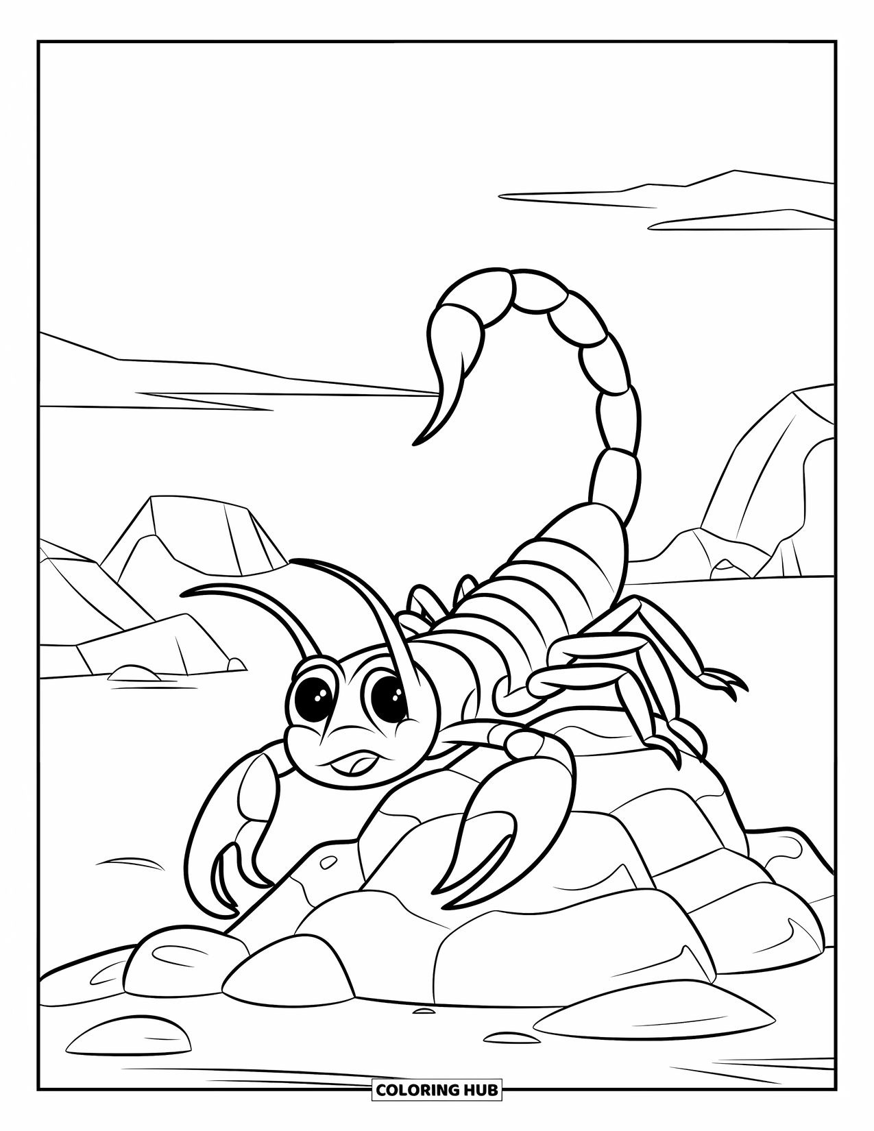 Scorpion Coloring Page for Kids: Scorpion on a rock pile under a clear sky with clouds