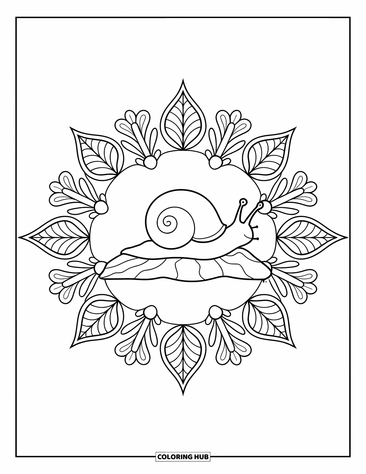 Snail Coloring Page for Adults: Snail and rock sit in a leaf and floral mandala with a calm, white background
