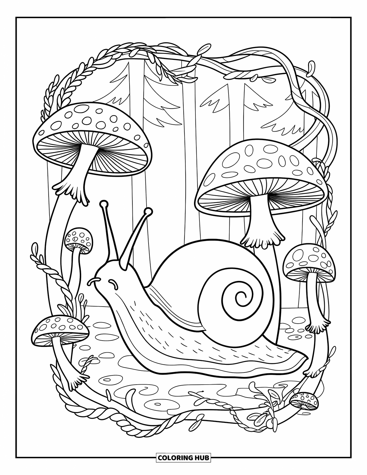 Snail Coloring Page for Adults: Snail crawls beside detailed mushrooms wrapped in climbing garden plants