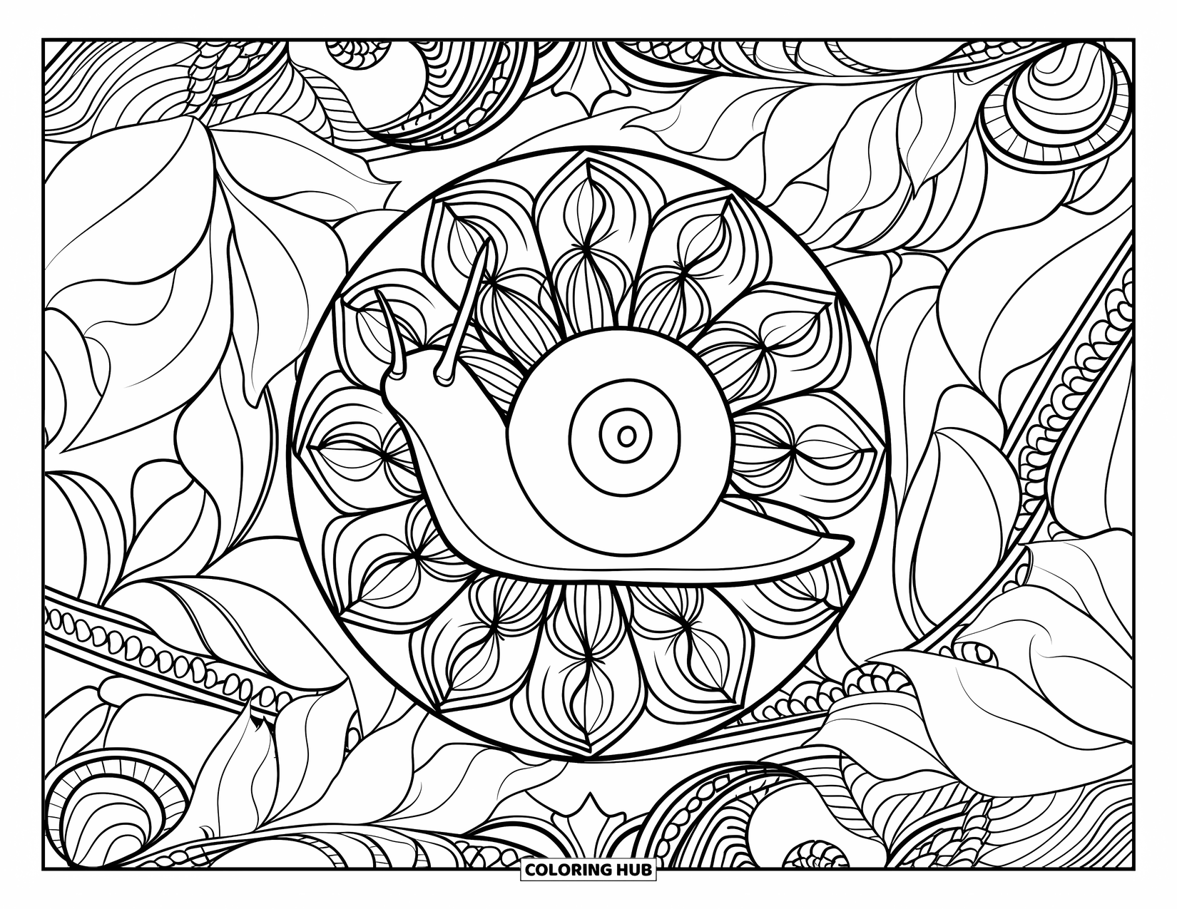 Snail Coloring Page for Adults: Snail crawls through a patterned garden filled with vines and artistic swirls