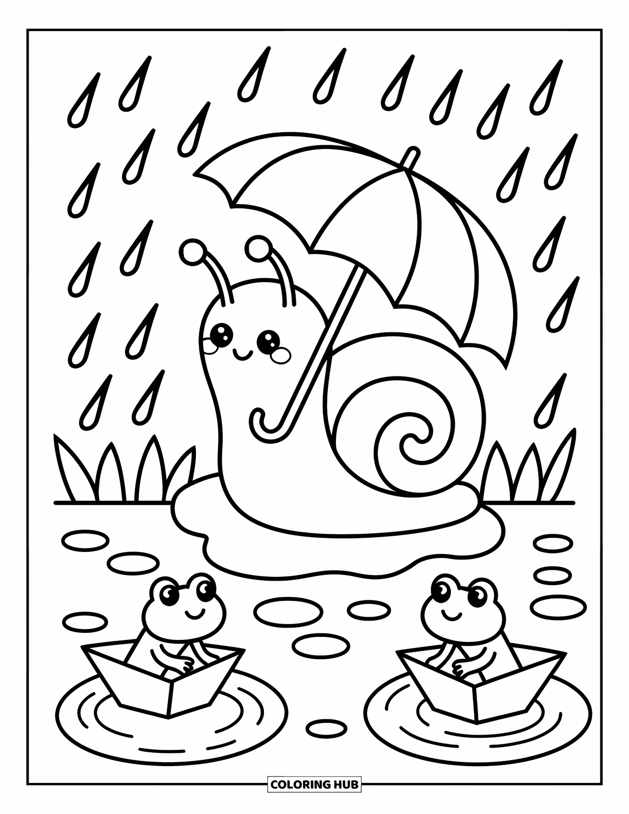 Snail Coloring Page for Adults: Snail holds a leaf umbrella while frogs hop with paper boats in tiny puddles