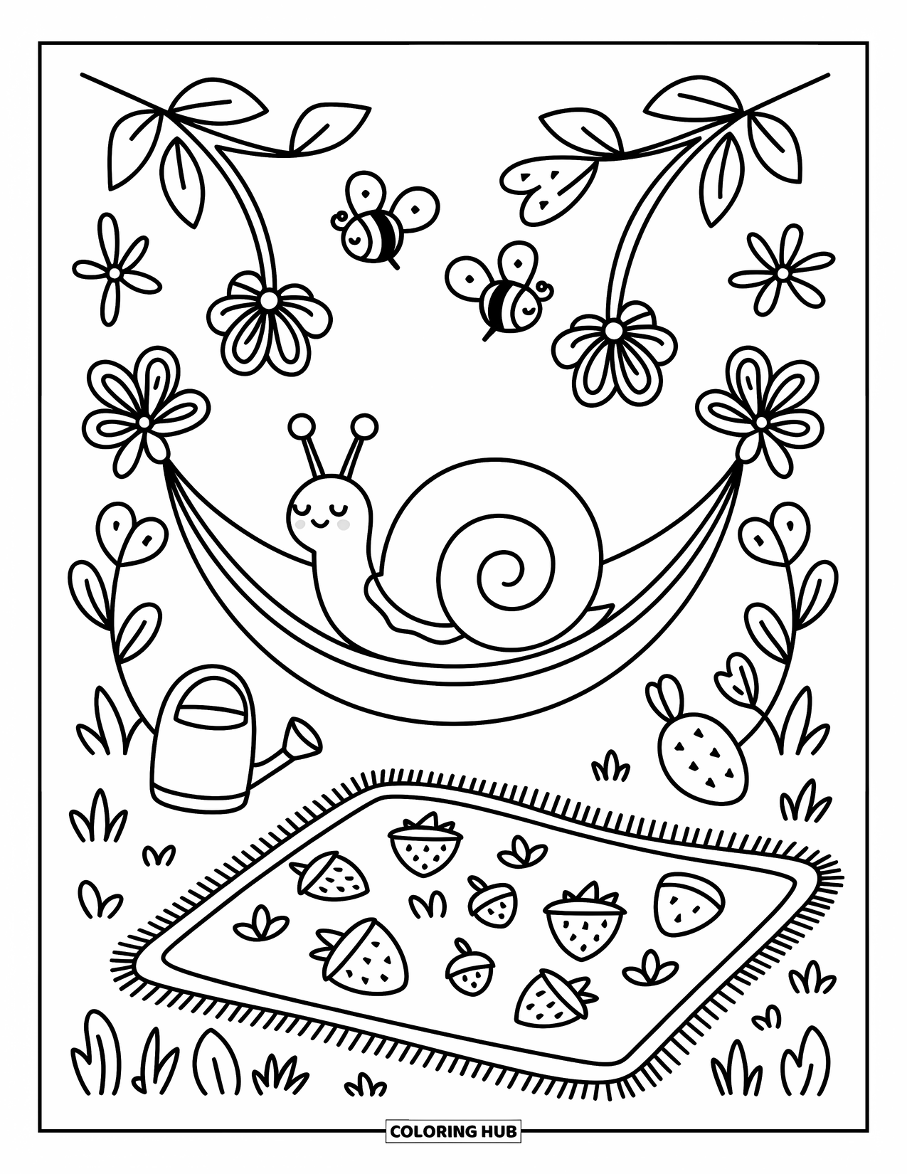 Snail Coloring Page for Adults: Snail lounges in a leaf hammock while bees buzz and picnic goodies rest nearby