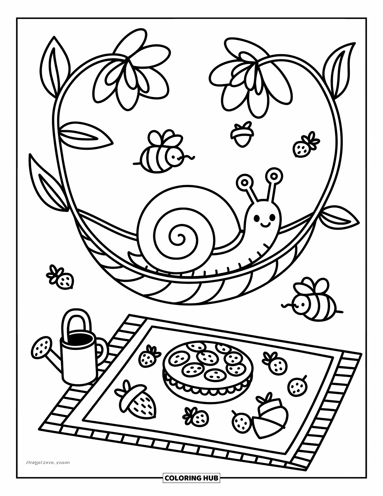 Snail Coloring Page for Adults: Snail relaxes in a hammock leaf with bees, strawberries, and a tiny watering can