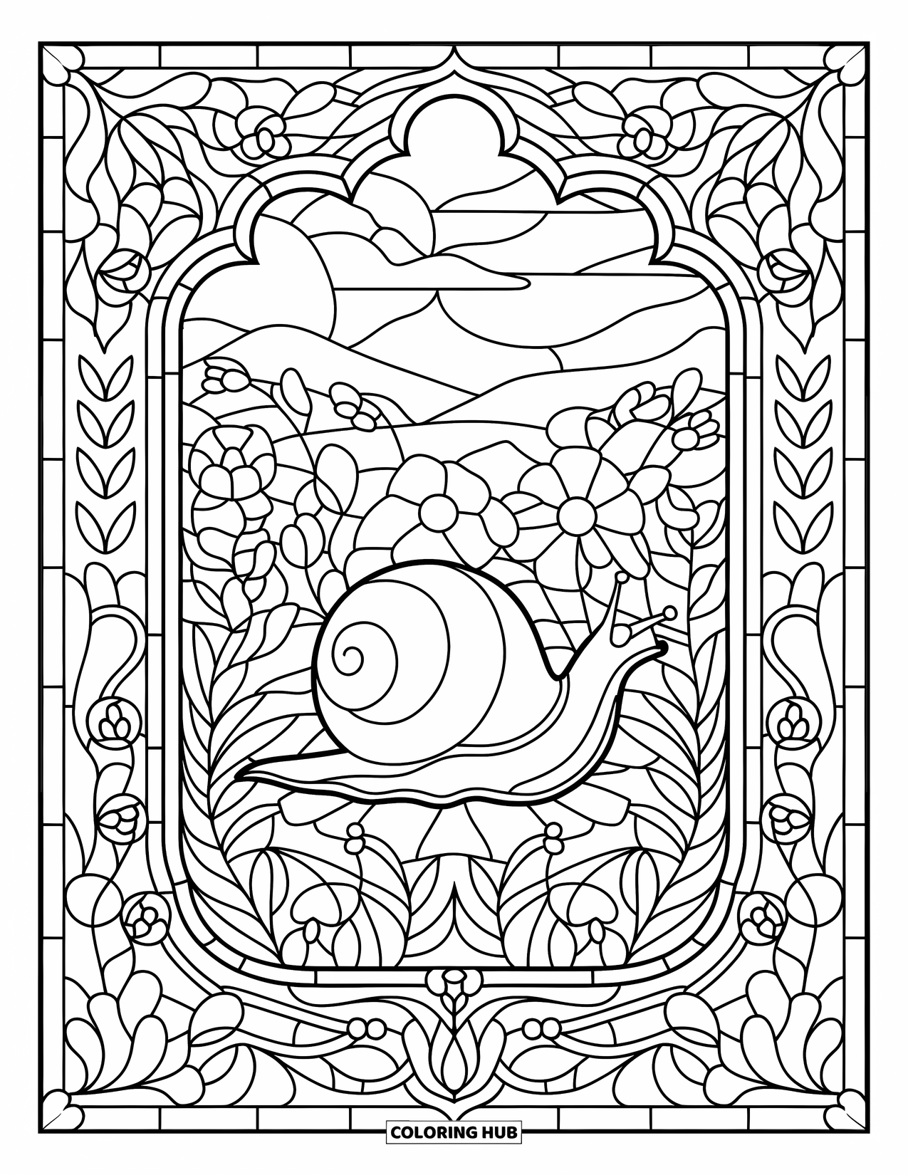 Snail Coloring Page for Adults: Snail rests in a stained glass garden filled with leaves, vines, and flowers