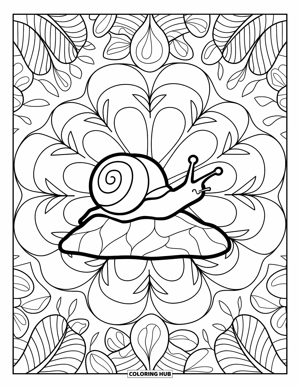 Snail Coloring Page for Adults: Snail rests on a rock at the center of a floral mandala pattern