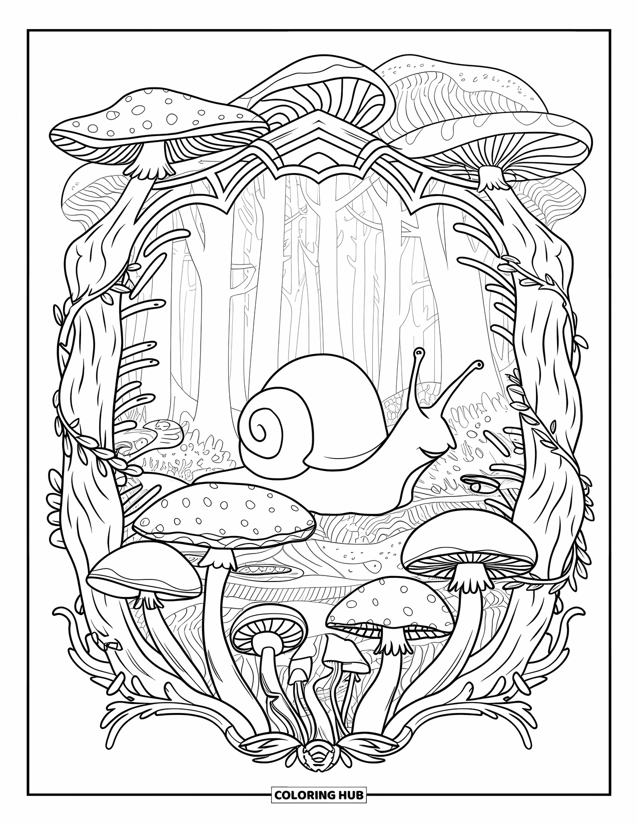 Snail Coloring Page for Adults: Snail sits among forest mushrooms framed by vines and leafy patterns