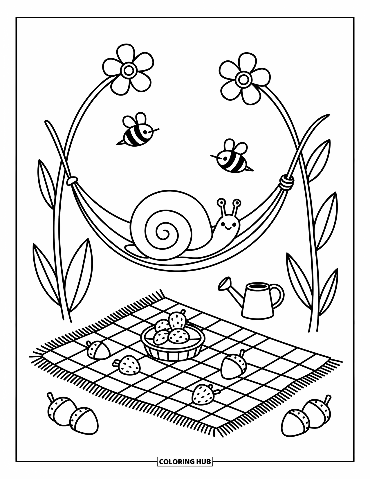 Snail Coloring Page for Adults: Snail swings in a leaf hammock with bees, a picnic blanket, and tiny treats