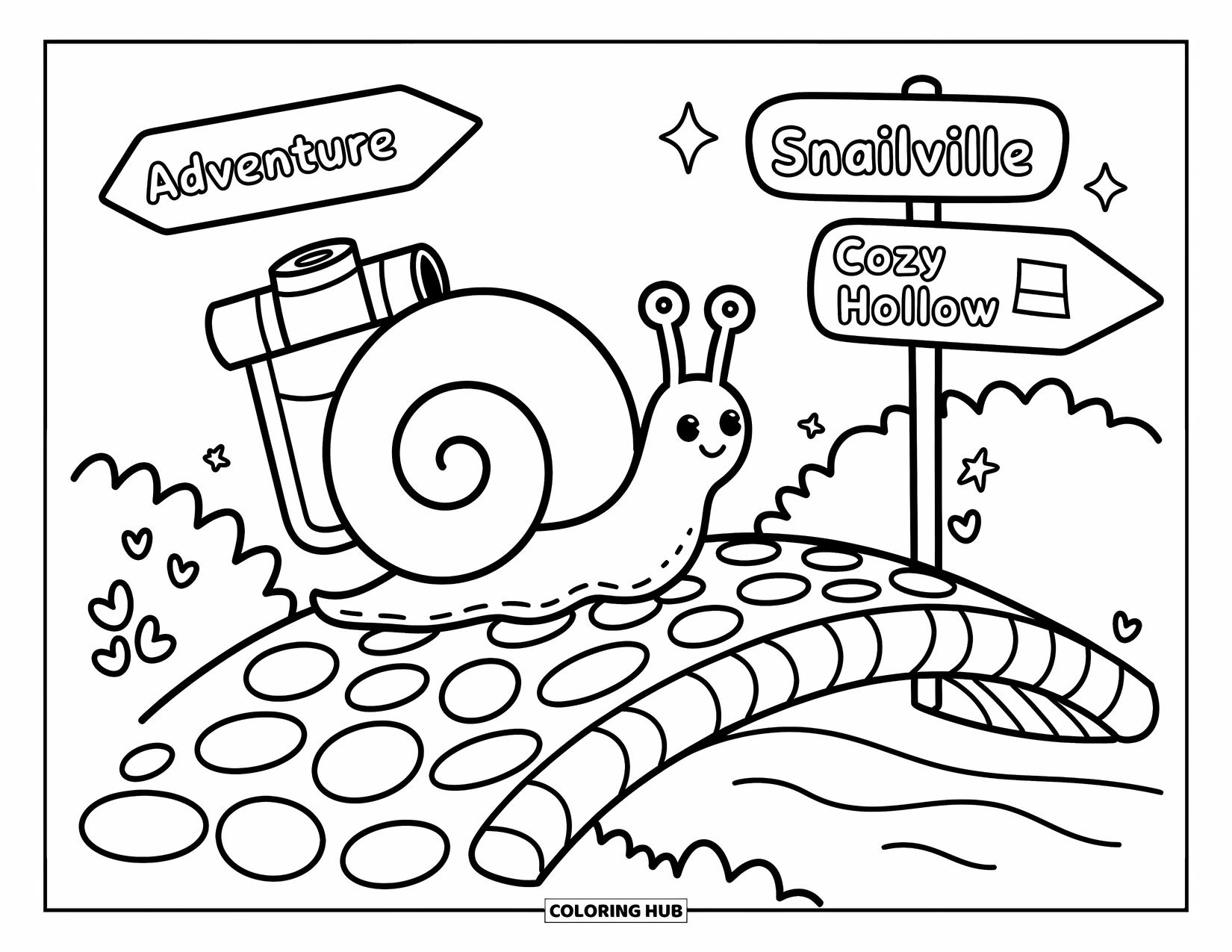 Snail Coloring Page for Adults: Snail with a map treks across a bridge toward Snailville, Cozy Hollow, and Adventure