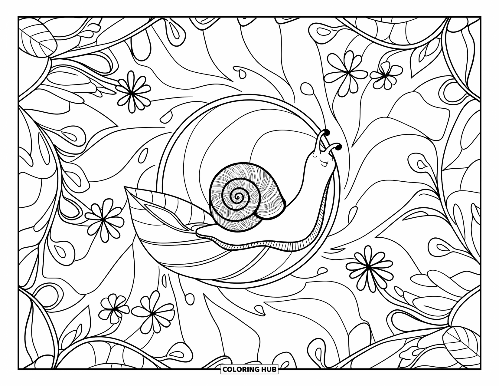 Snail Coloring Page for Adults: Snail with a spiral shell sits among detailed mandalas of leaves and flowers