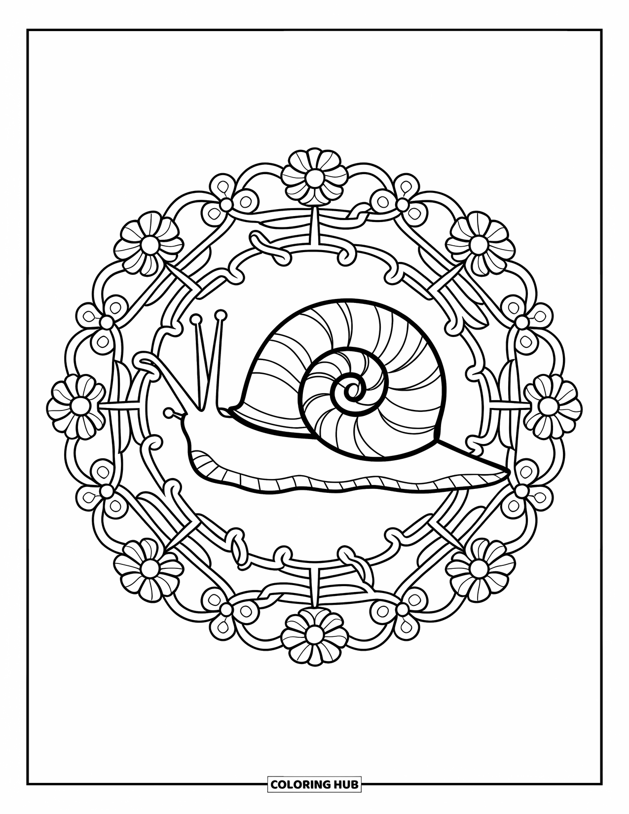 Snail Coloring Page for Adults: Snail with spiral shell sits at the center of a floral vine mandala