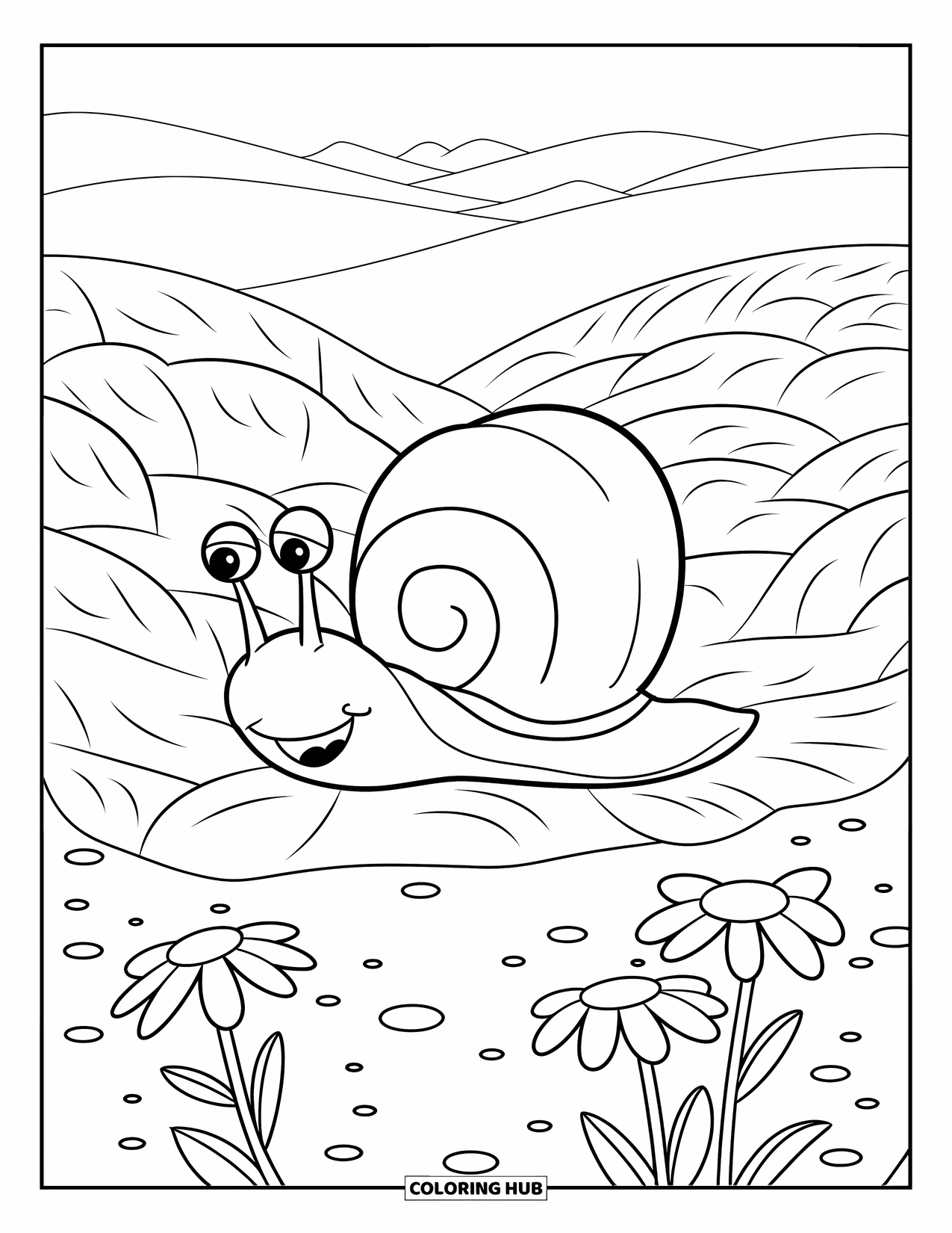 Snail Coloring Page for Kids: Cheerful snail crawls past heart-shaped leaves and pretty daisies