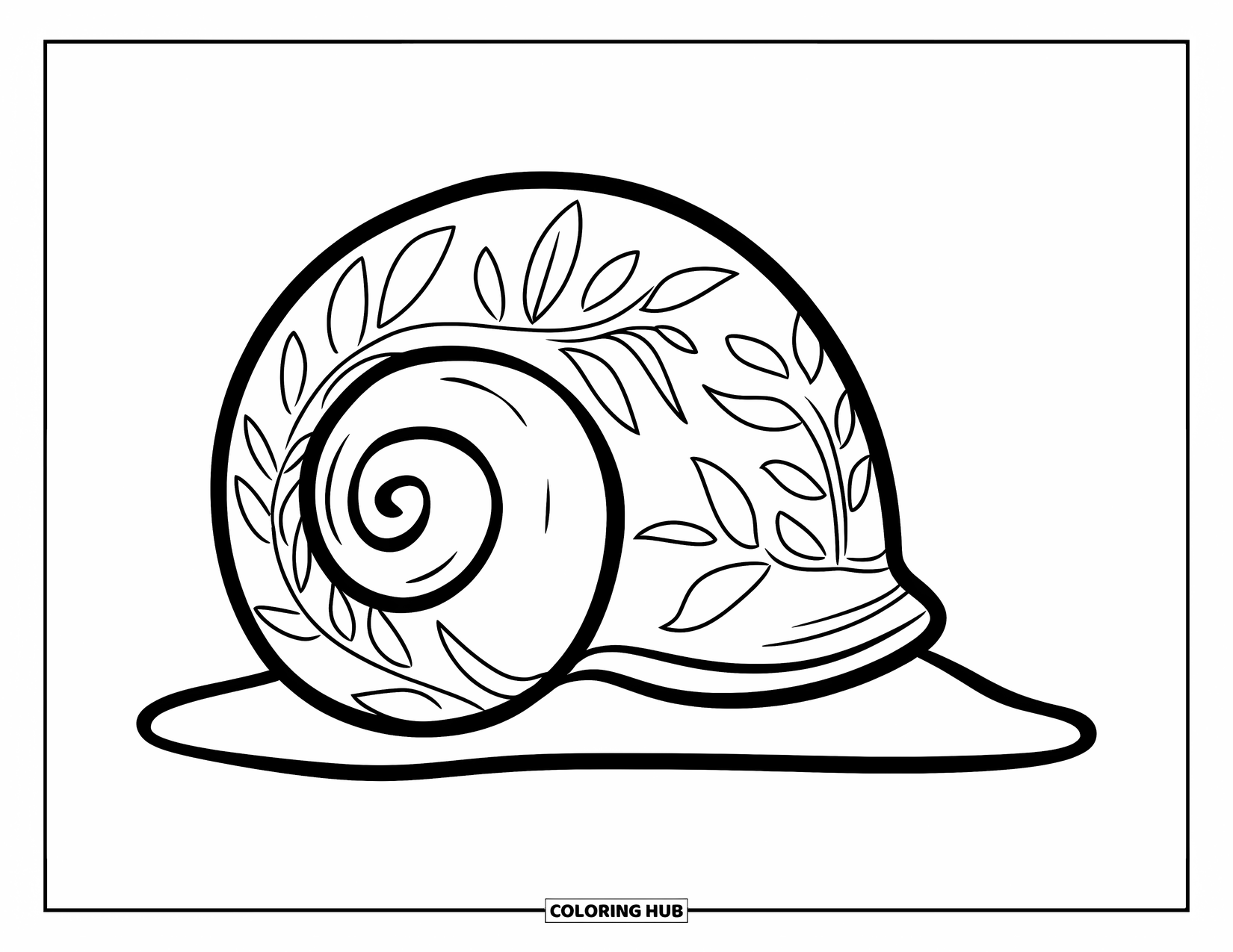 Snail Coloring Page for Kids: Close-up of a snail shell decorated with leafy vines and nature patterns