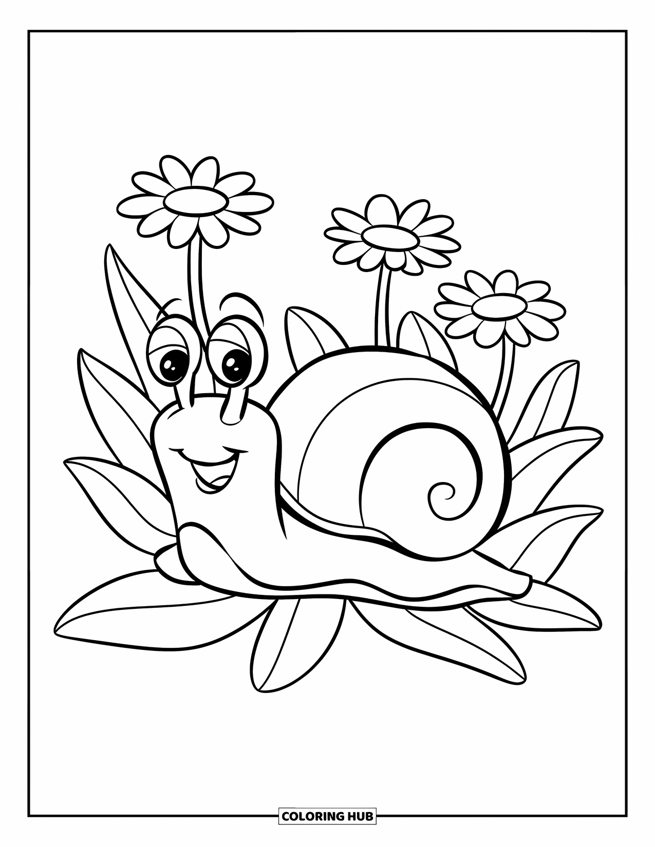 Snail Coloring Page for Kids: Cute snail crawls through leaves with three daisies nearby