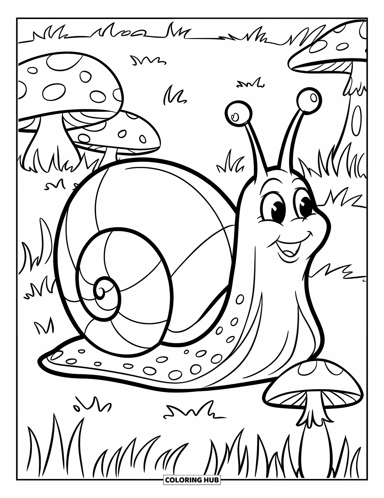 Snail Coloring Page for Kids: Happy snail crawls through grass and mushrooms with a big smile