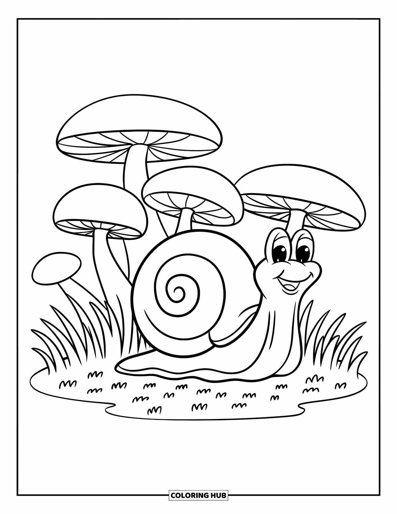 Snail Coloring Page for Kids: Joyful snail with swirly shell explores mushrooms and wavy grass