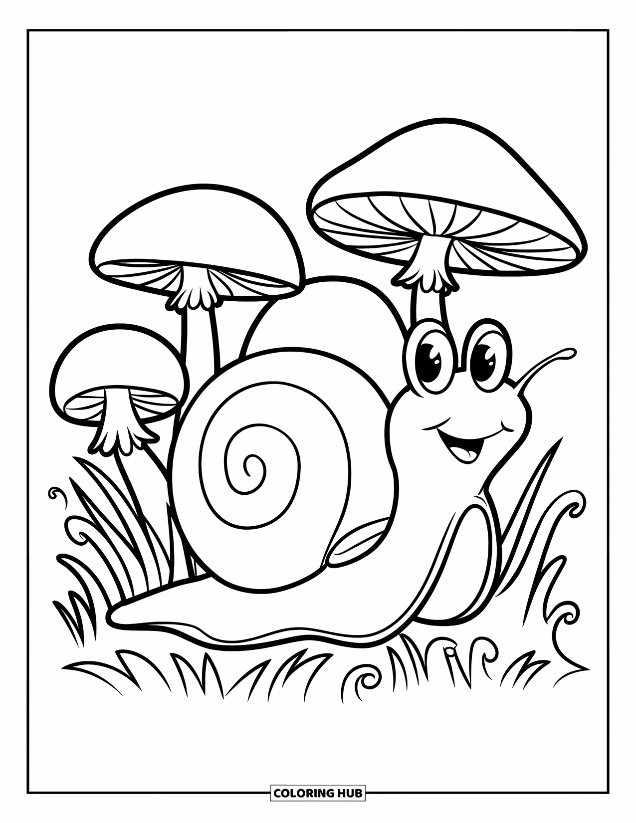 Snail Coloring Page for Kids: Smiling snail with big eyes moves through mushrooms and curved grass