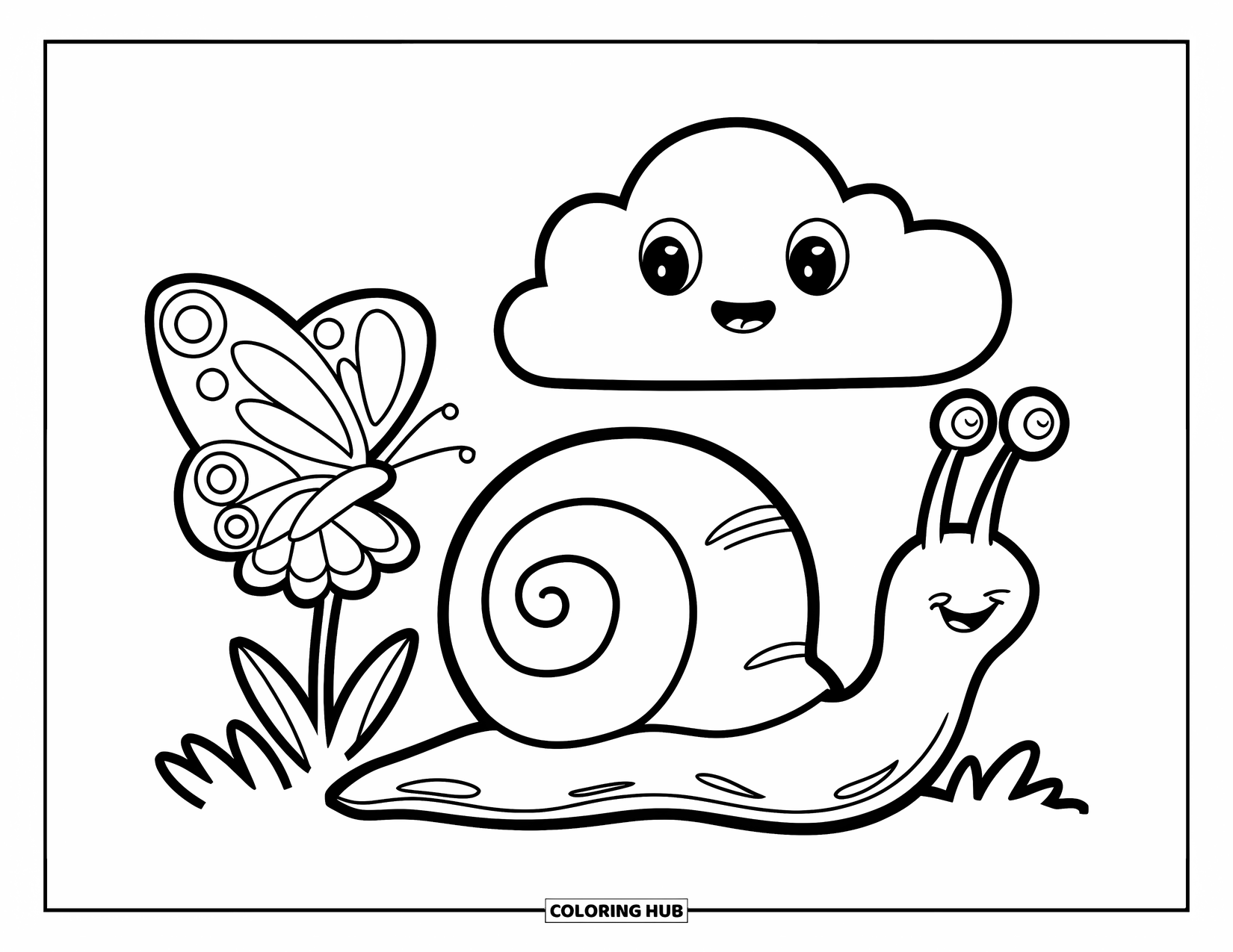 Snail Coloring Page for Kids: Snail and butterfly relax while a smiling cloud floats above them