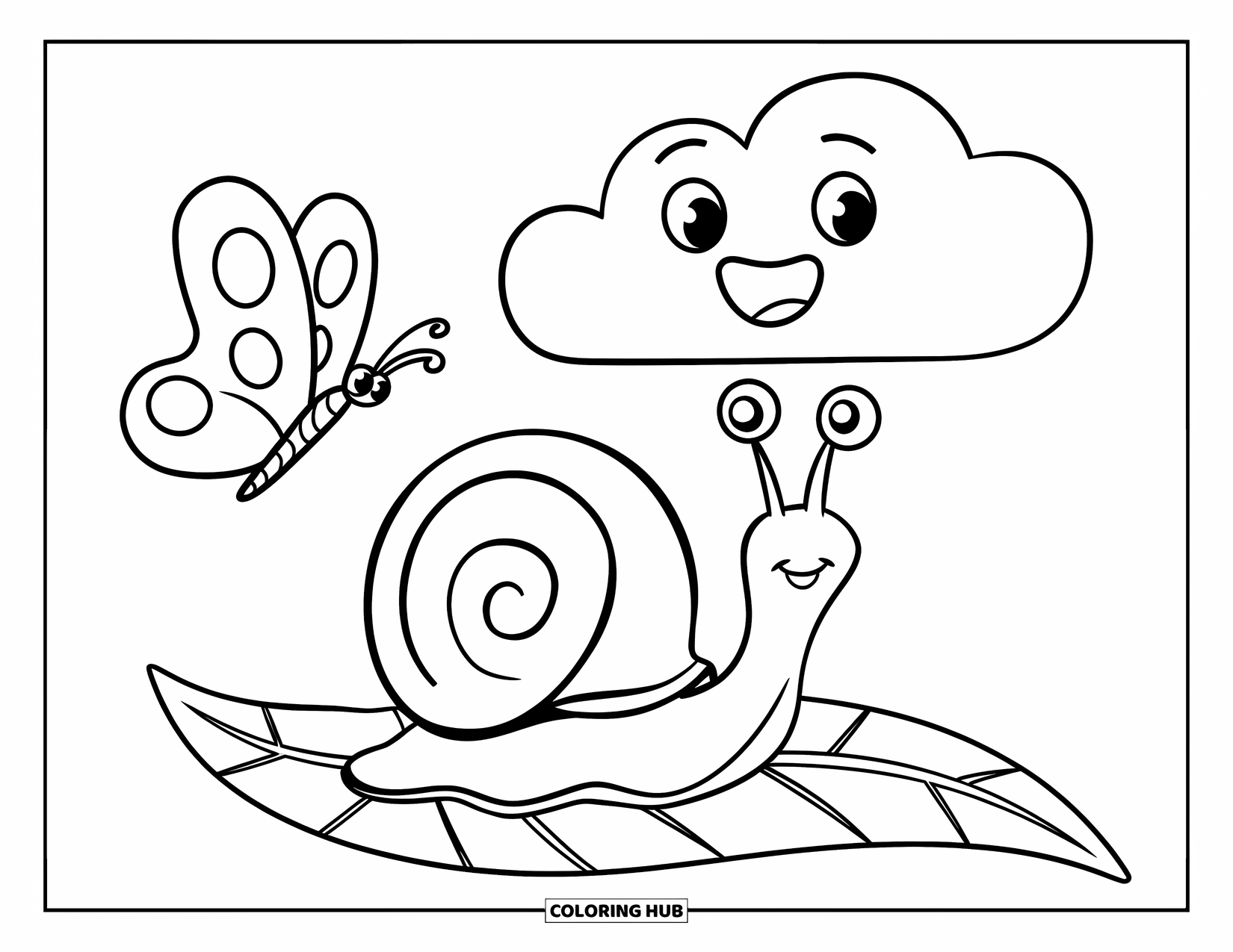 Snail Coloring Page for Kids: Snail and butterfly rest beneath a smiling cloud in the sky