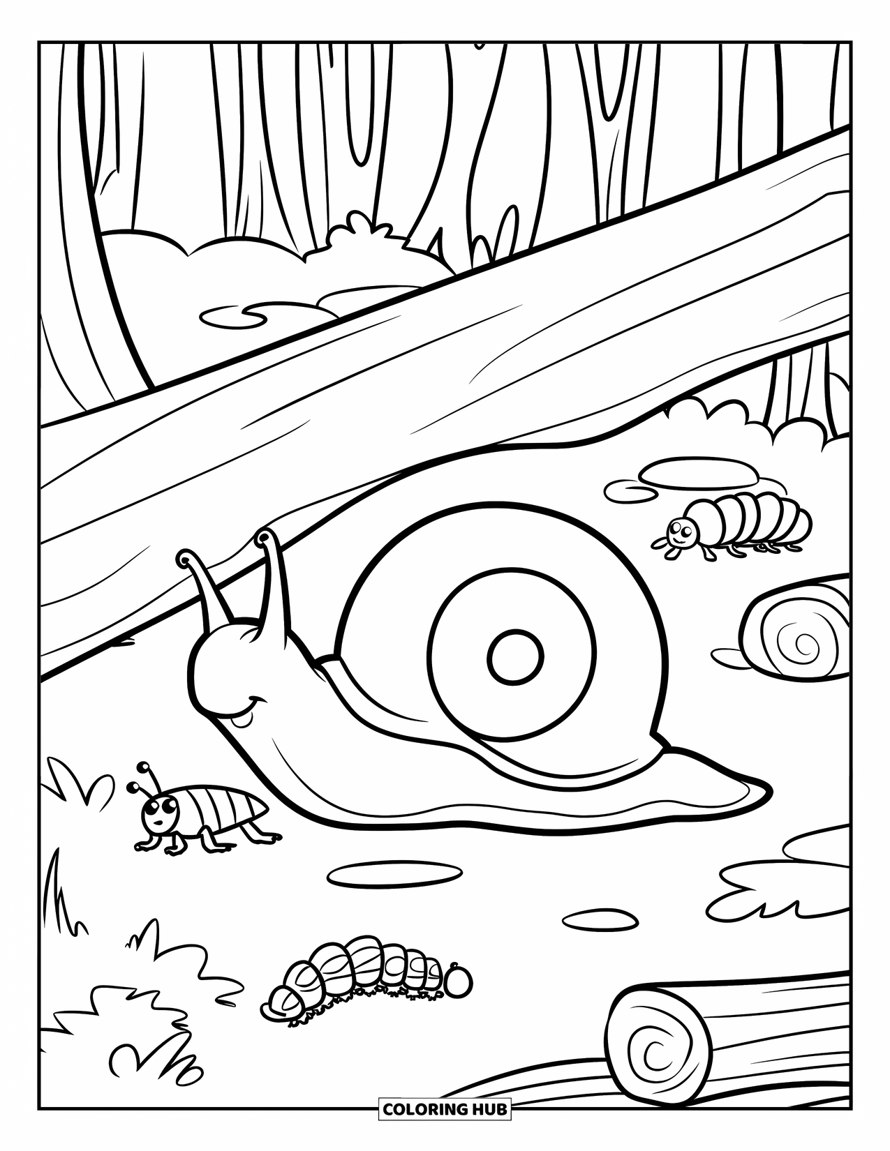 Snail Coloring Page for Kids: Snail crawls beneath a fallen log with curious bugs around