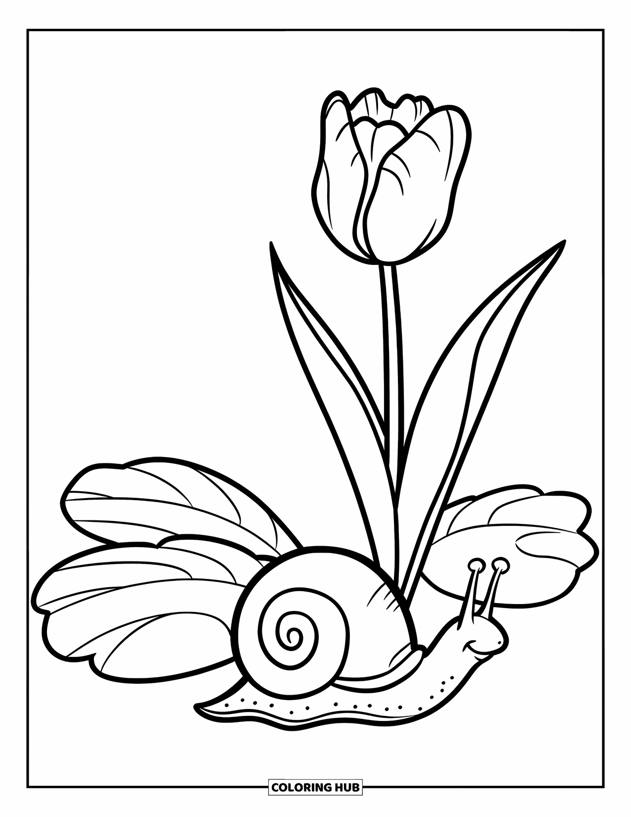 Snail Coloring Page for Kids: Snail crawls near a blooming tulip and two big leaves