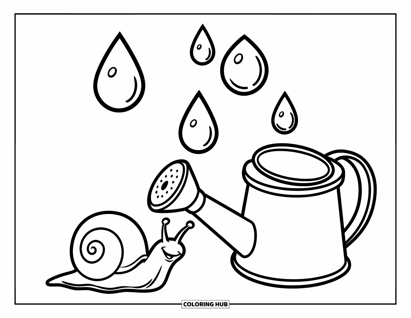 Snail Coloring Page for Kids: Snail crawls near a toy watering can with raindrops falling