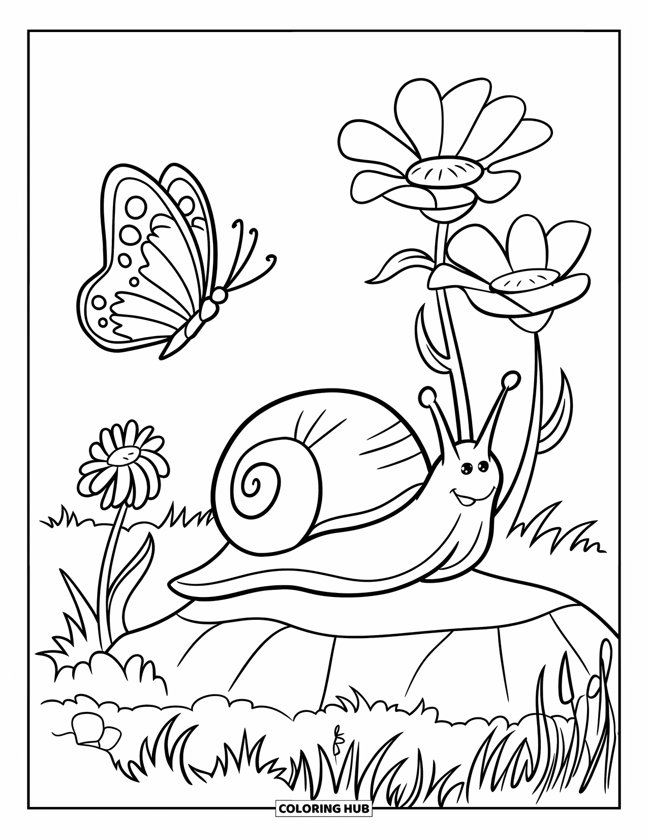 Snail Coloring Page for Kids: Snail crawls on a rock near a butterfly and blooming wildflowers