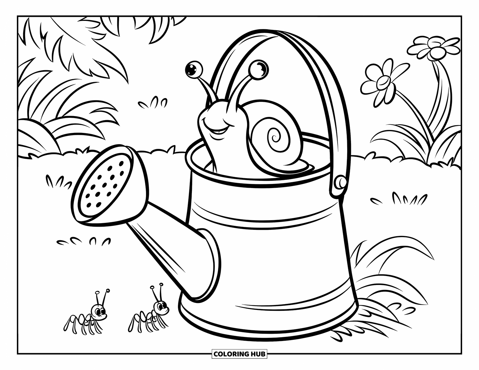 Snail Coloring Page for Kids: Snail peeks out beside ants near a garden watering can