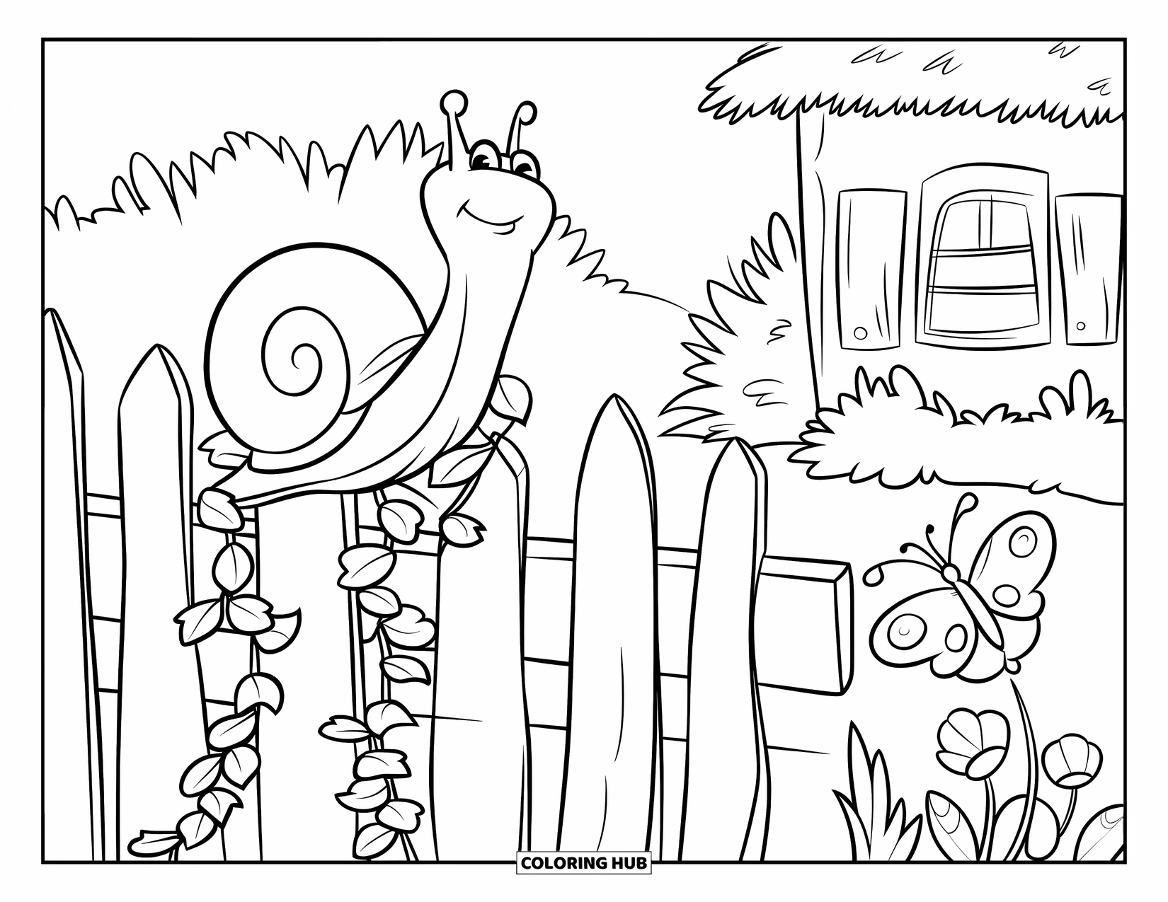 Snail Coloring Page for Kids: Snail peeks out in a garden with a cottage and a butterfly nearby