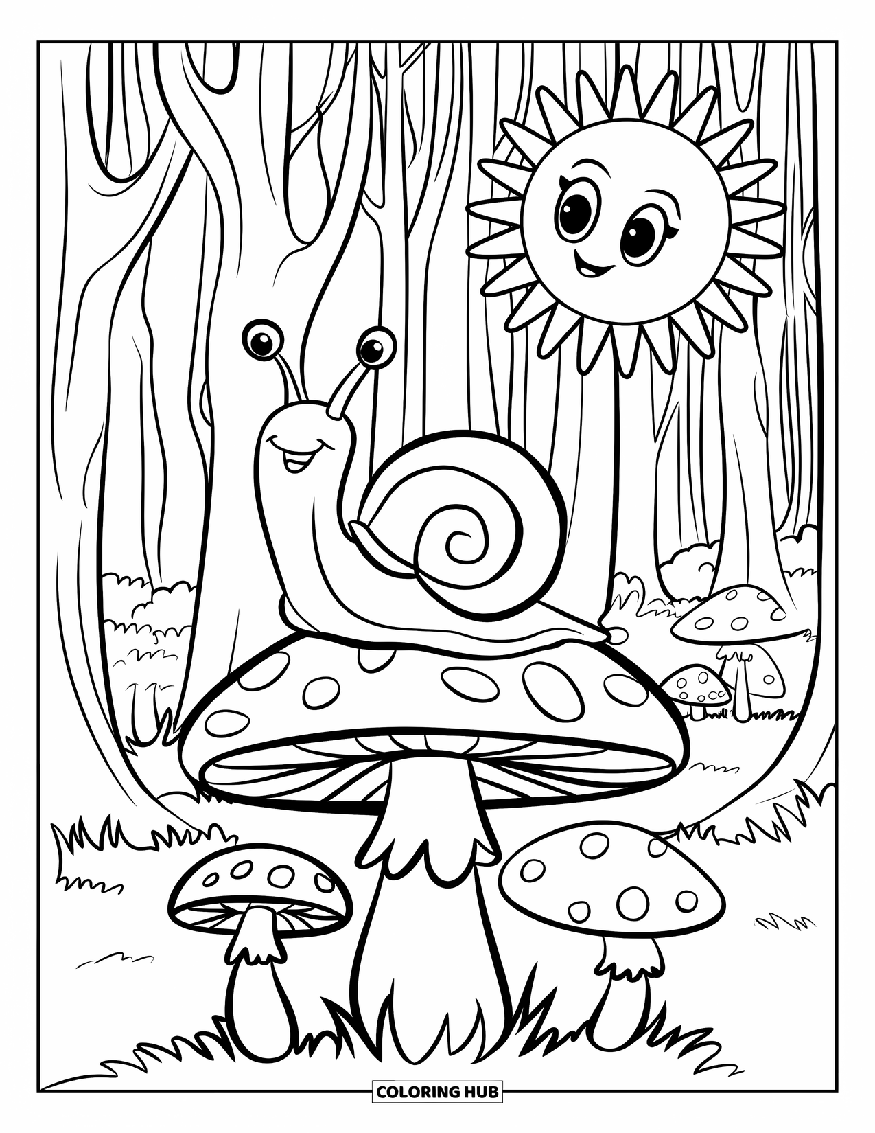 Snail Coloring Page for Kids: Snail perches on a mushroom in a forest of tiny mushrooms