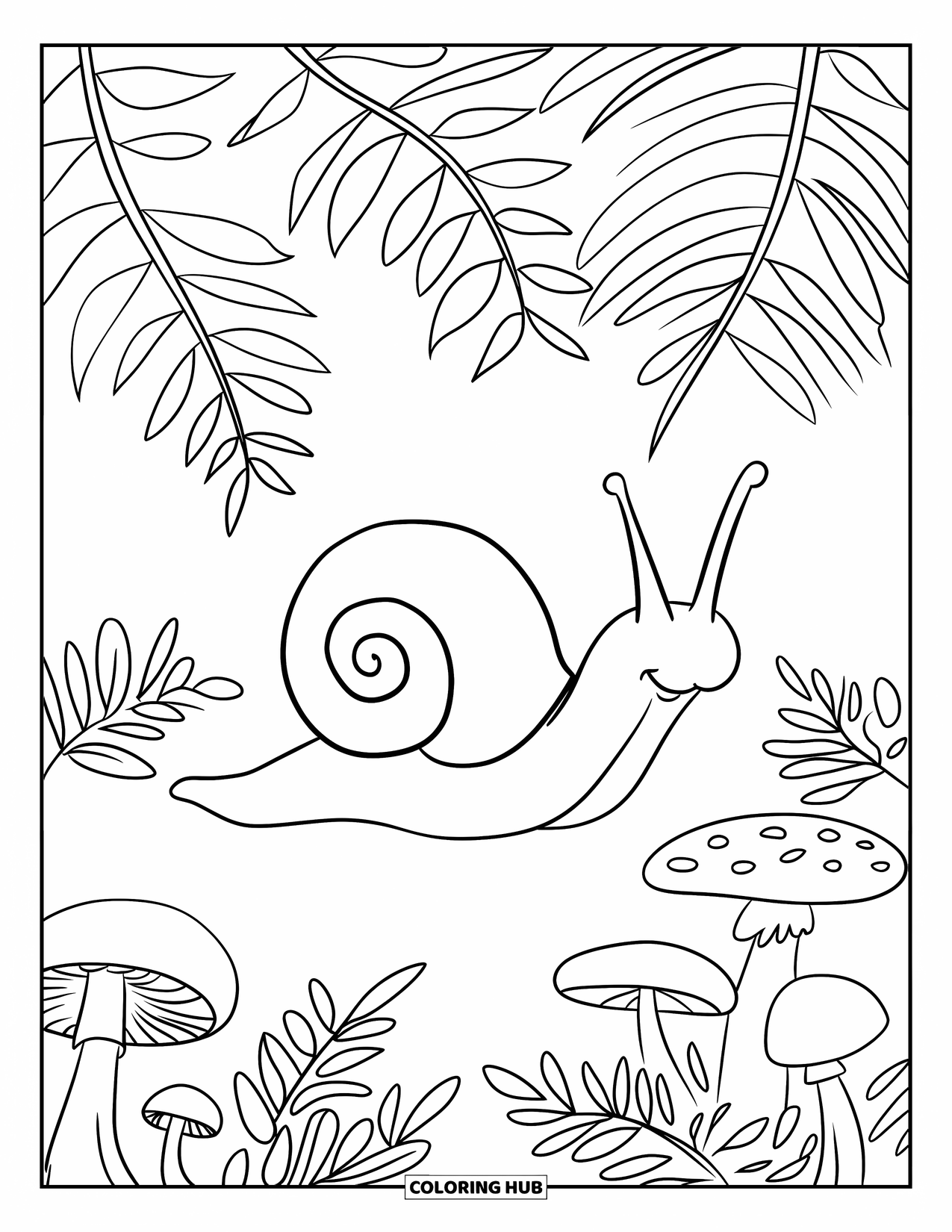 Snail Coloring Page for Kids: Snail rests beneath tall ferns and mushrooms in a quiet forest