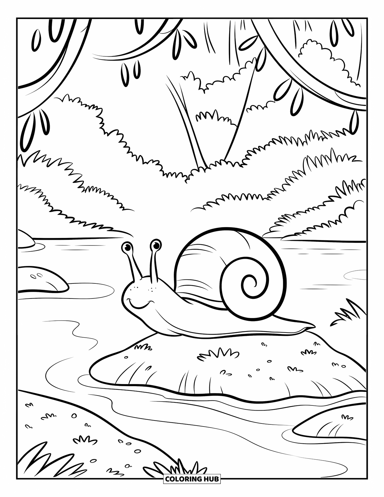 Snail Coloring Page for Kids: Snail rests on mossy rock beside a calm forest stream