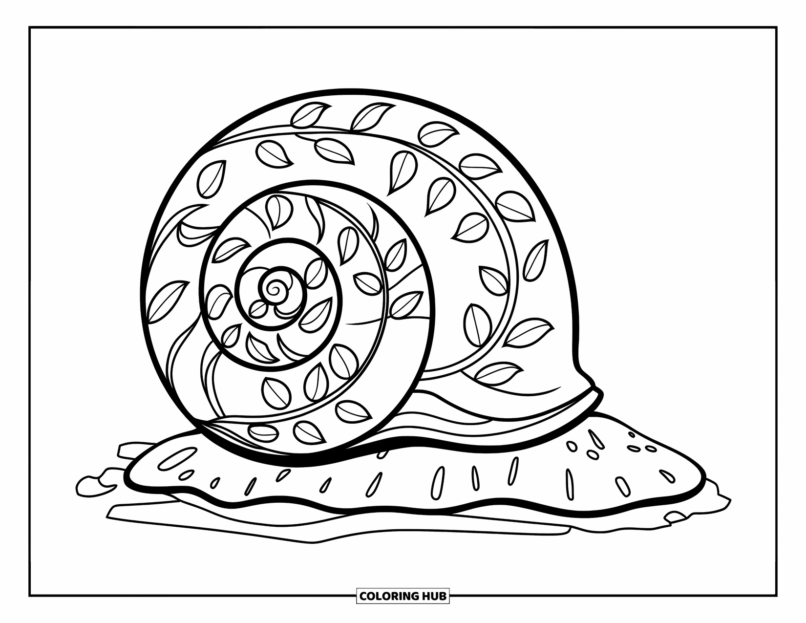 Snail Coloring Page for Kids: Snail shell rests on a stone with little feet peeking underneath