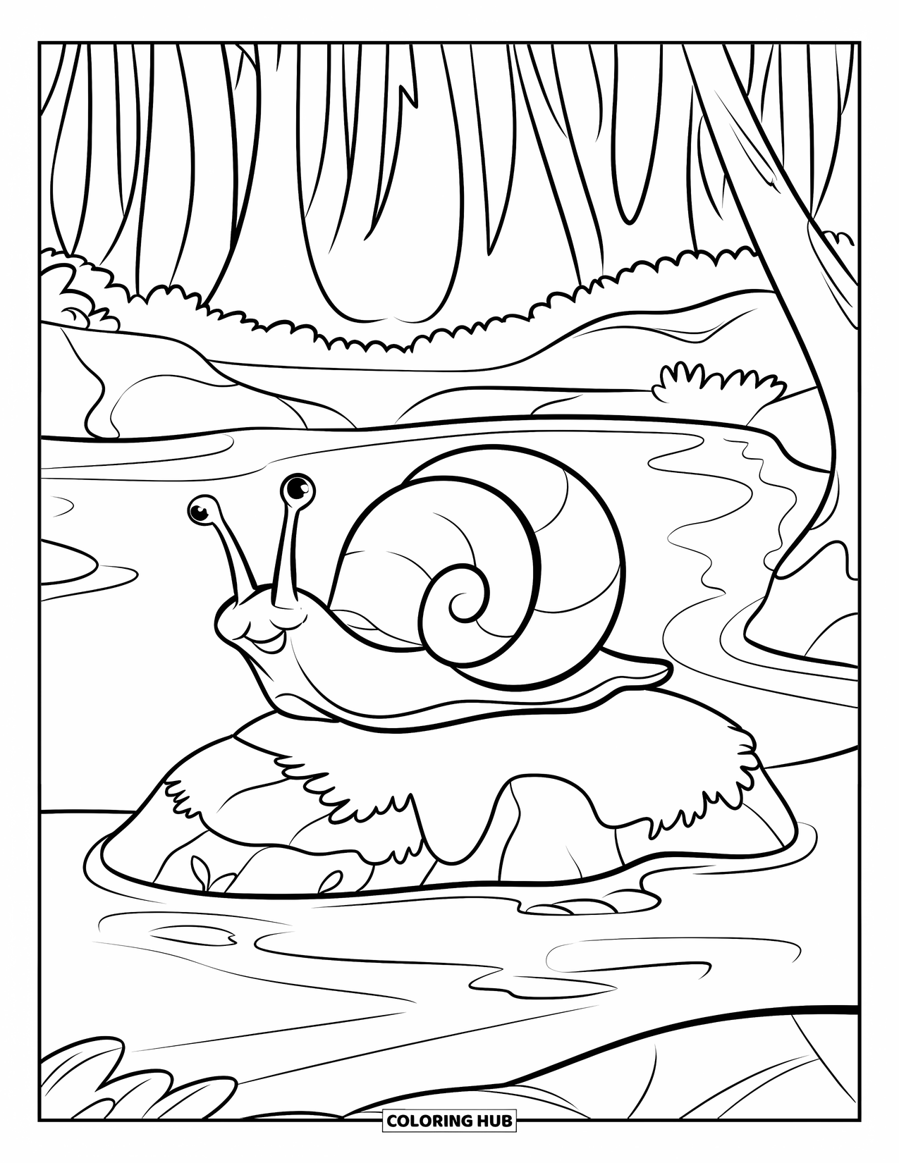 Snail Coloring Page for Kids: Snail sits peacefully on moss near a stream and forest trees